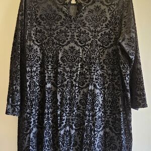 Cato Black Velvet Burnout Damask Long Sleeve Top